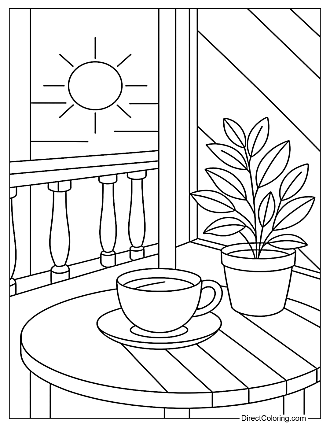 Coloring page of a summer balcony, the sunset casts shadows on a cup of tea and a pot of green plants.